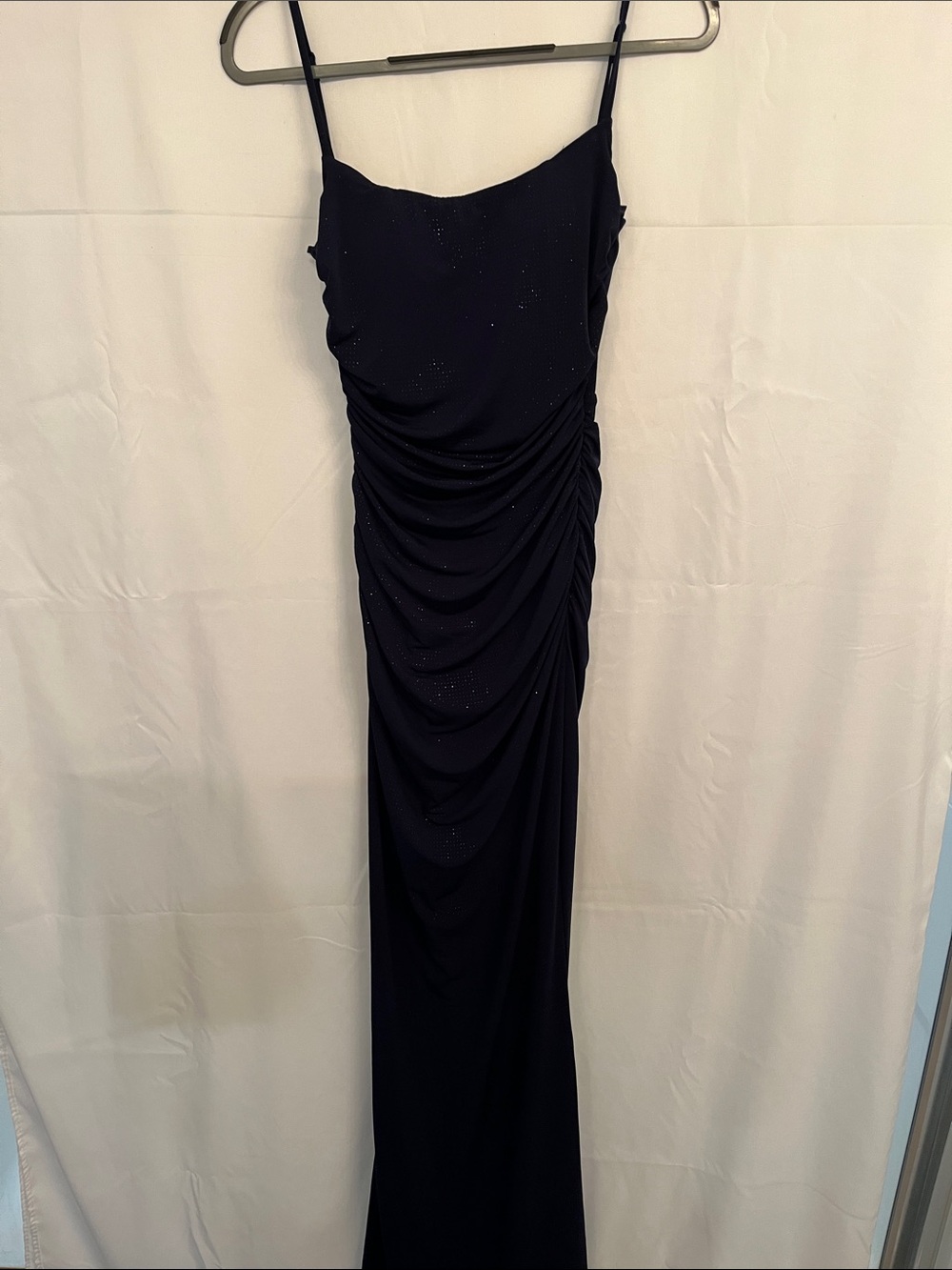 Navy blue Ruched Spaghetti Strap Evening Gown